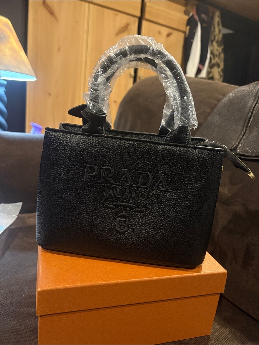 Black Pebbled Leather Mini Tote with Embossed Logo